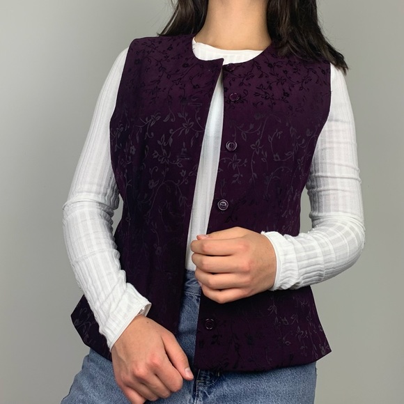 Vintage 80s 90s Deep Purple Floral Jacquard Suit Vest Casual Corner - Picture 4 of 14